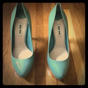 Miu Miu Platform Patent Leather Light Blue Heels